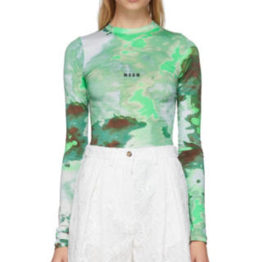 MSGM long sleeve tie dye oil spill acid blouse tee - slinky stretchy nylon L